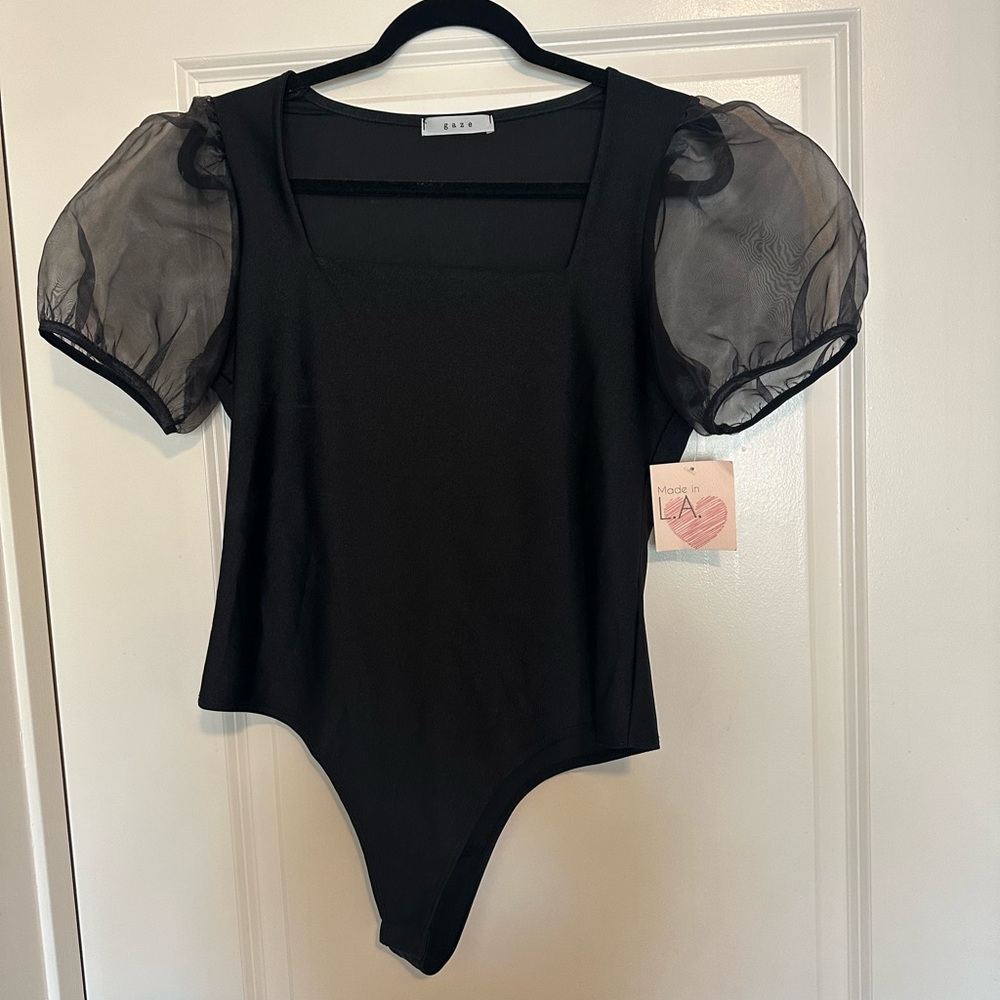 Gaze Black Bodysuit with Sheer Puff Sleeves